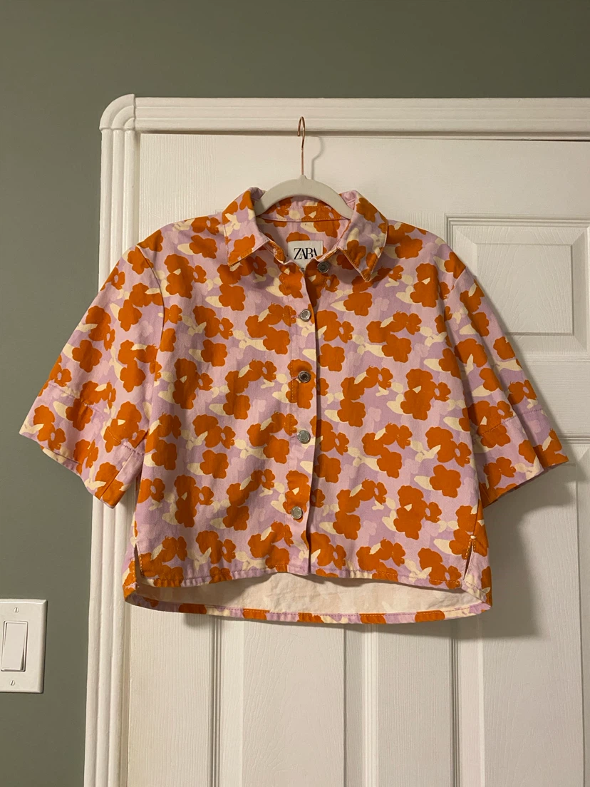Zara Small Denim Floral Print Button Up Top