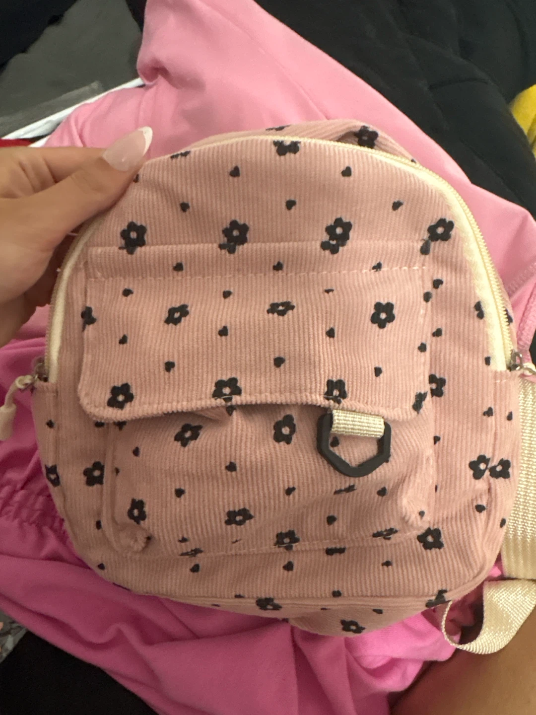 Pink floral corduroy mini backpack