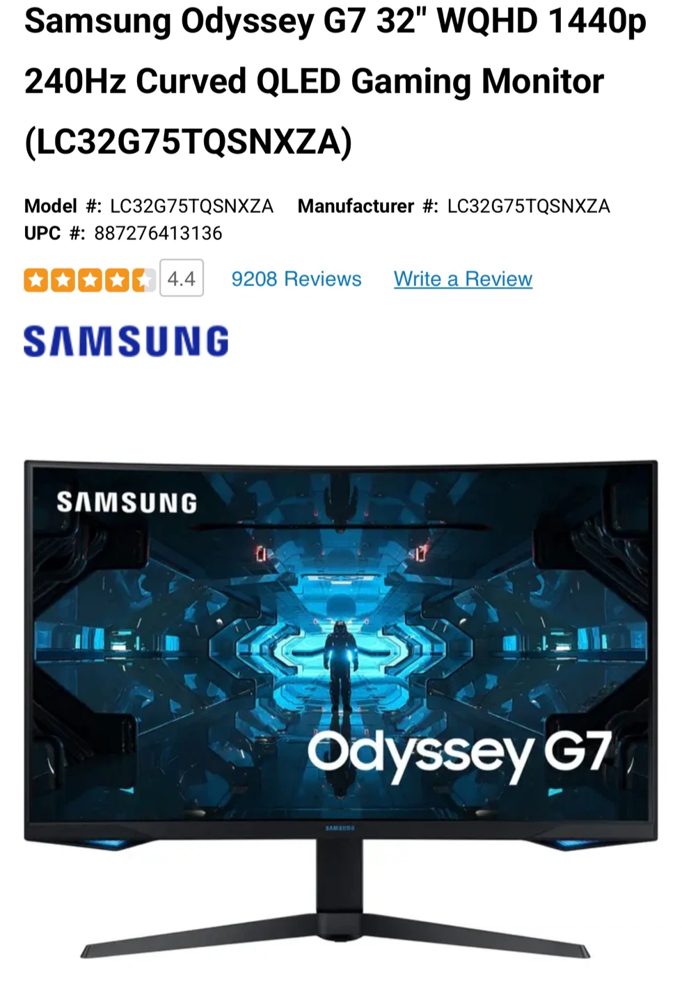 Samsung Odyssey G7 27" QHD Gaming Monitor