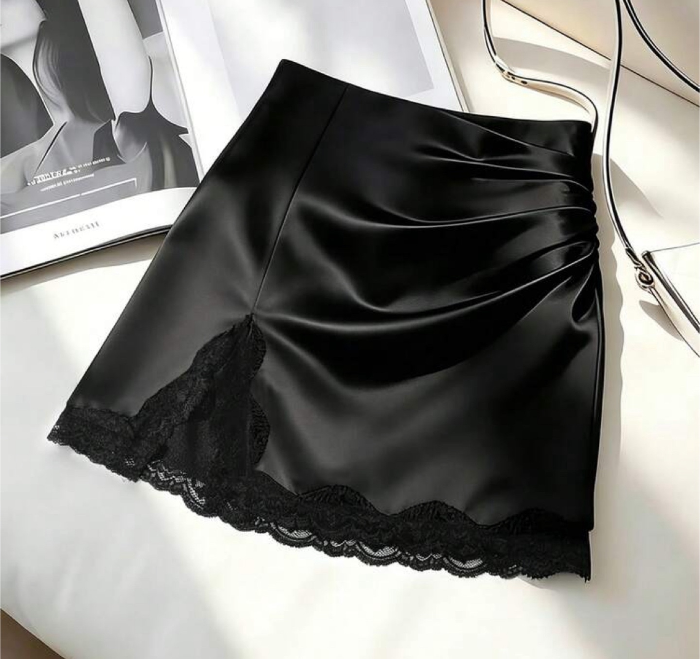 Black Satin Mini Skirt with Lace Trim
