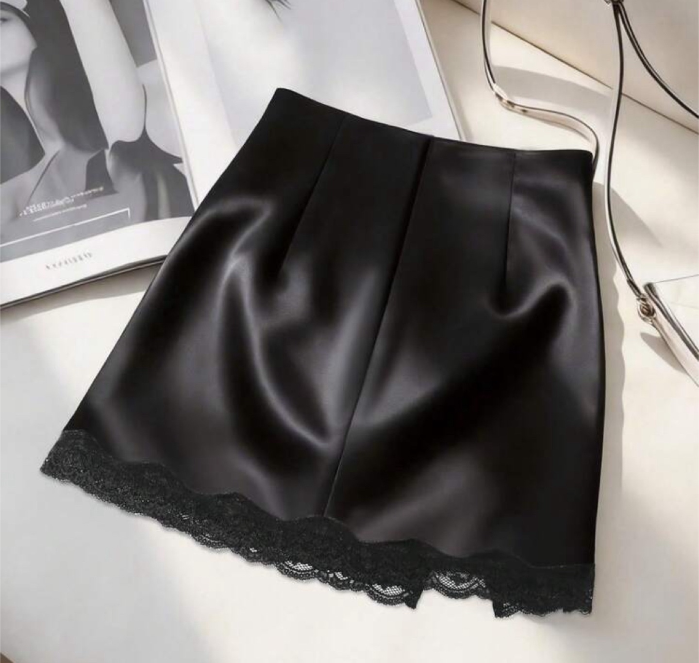 Black Satin Mini Skirt with Lace Trim - photo 2