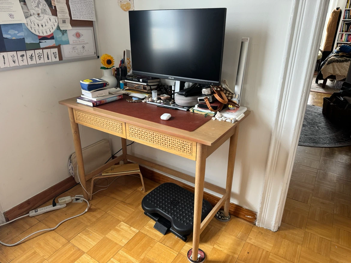 Wooden desk with rattan drawer fronts