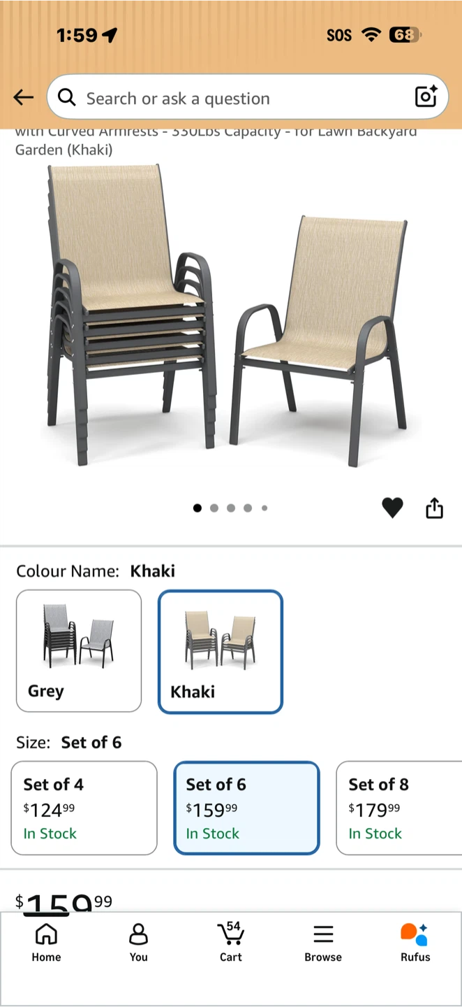 Set of 6 Khaki Outdoor Patio Chairs with Curved Armrests