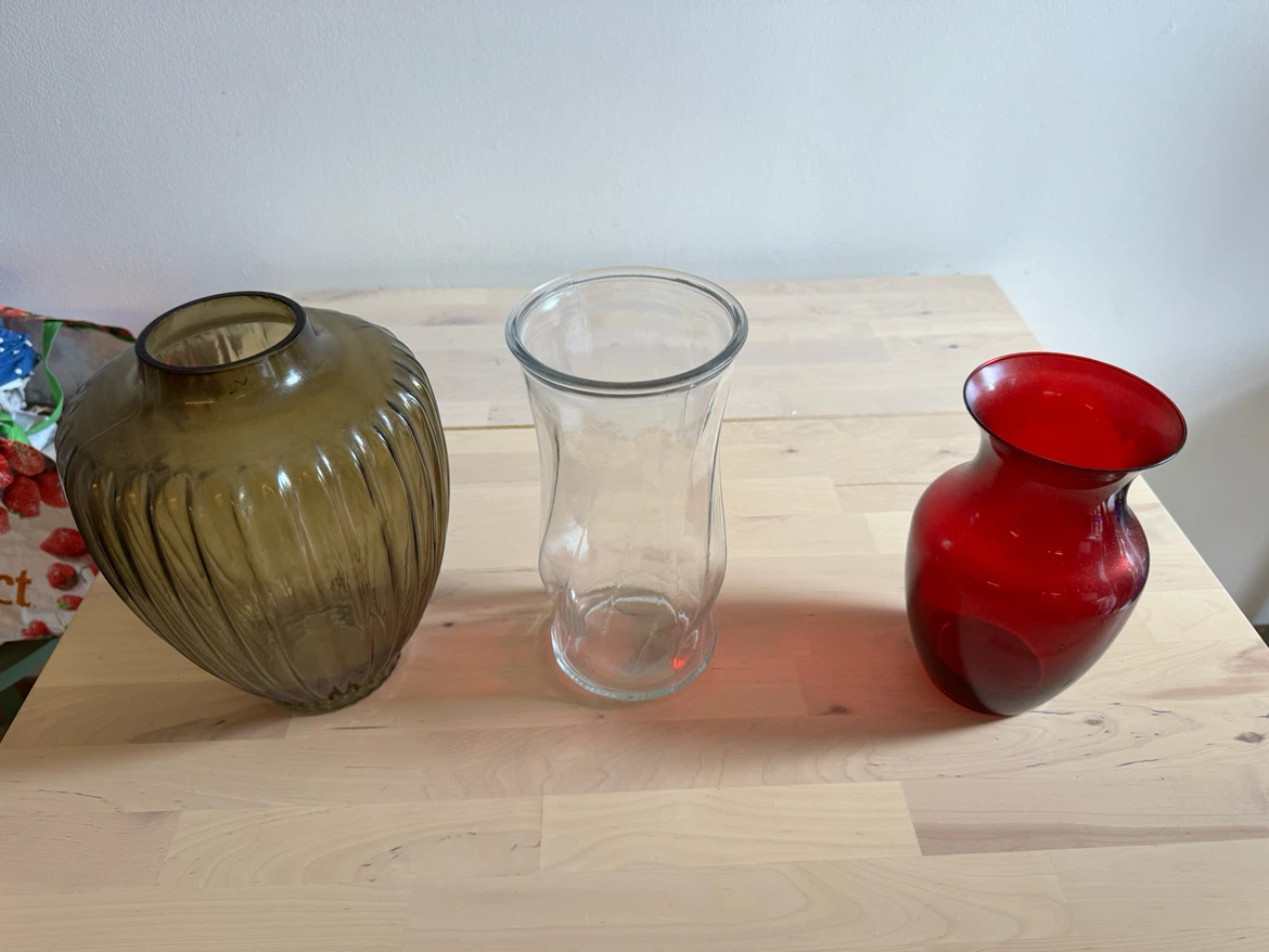 Set of 3 Glass Vases - Brown, Clear, and Red