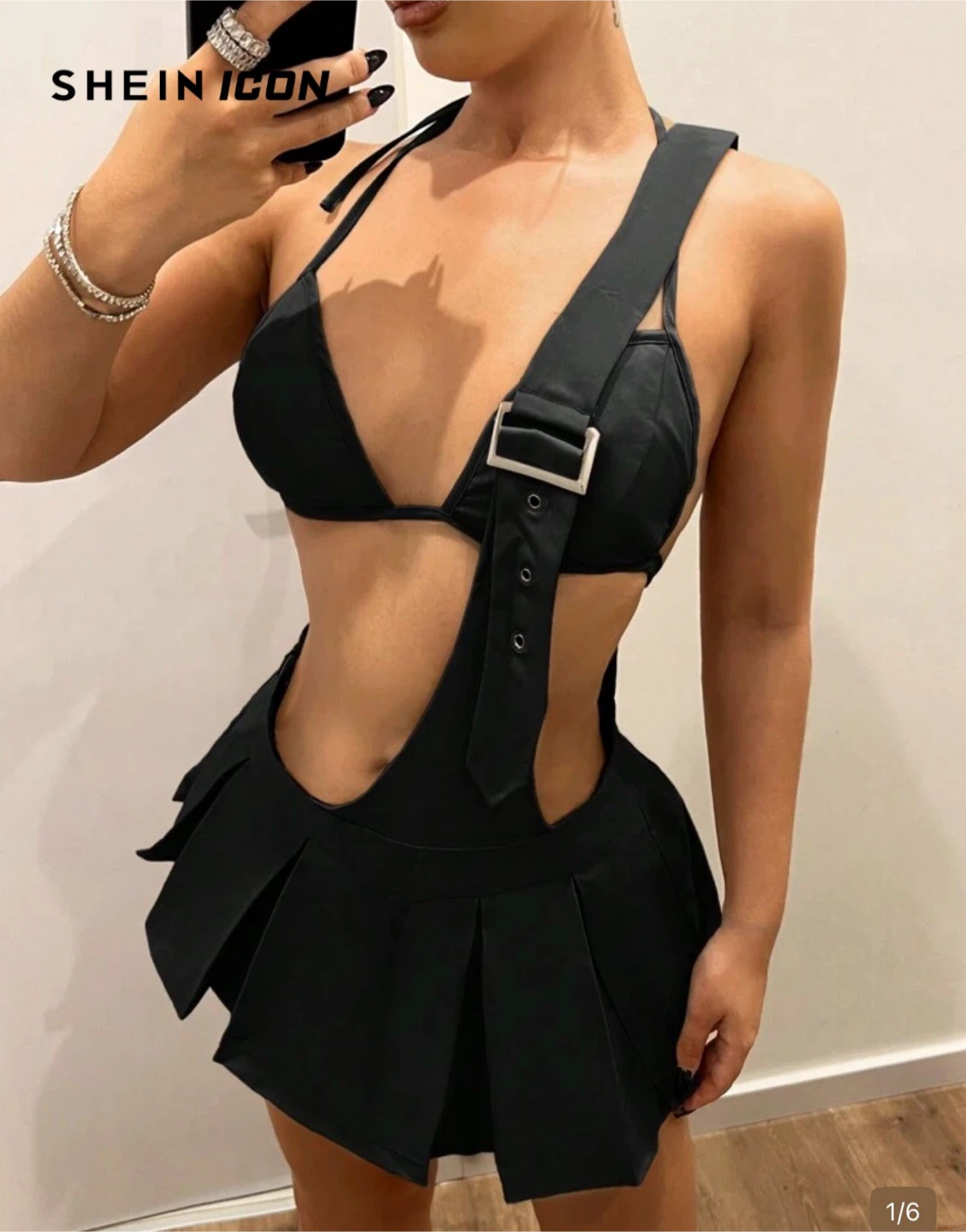 SHEIN ICON Black Pleated Skirt Overall Dress