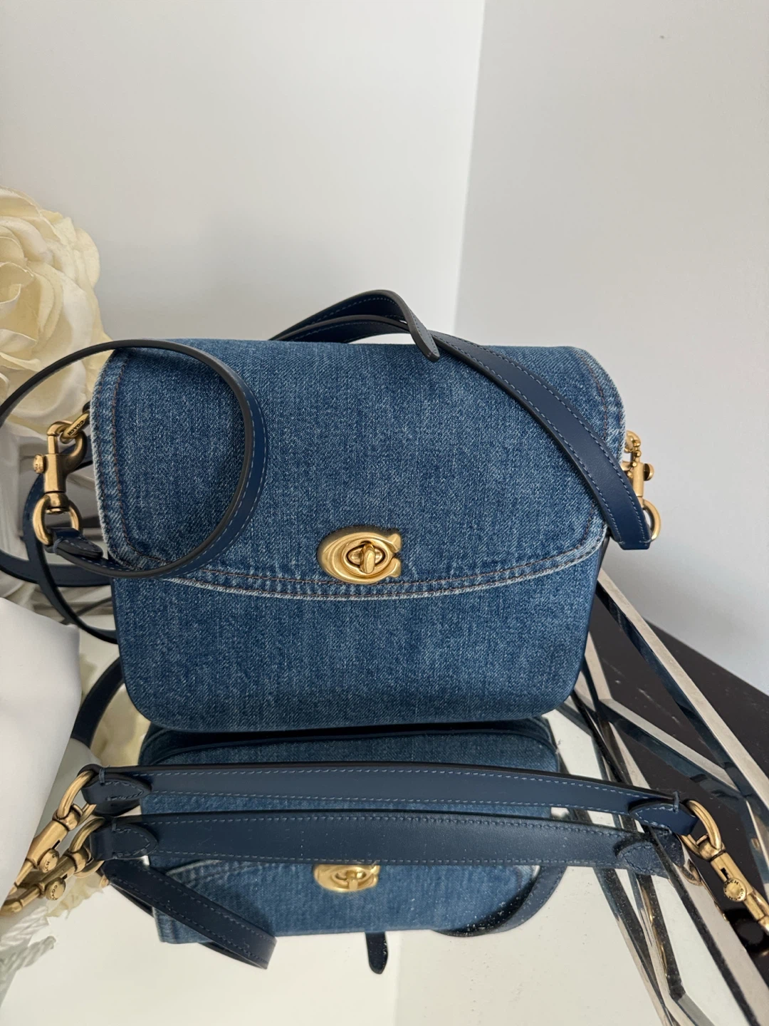 Coach Denim Shoulder Cassie Bag with Gold Hardware