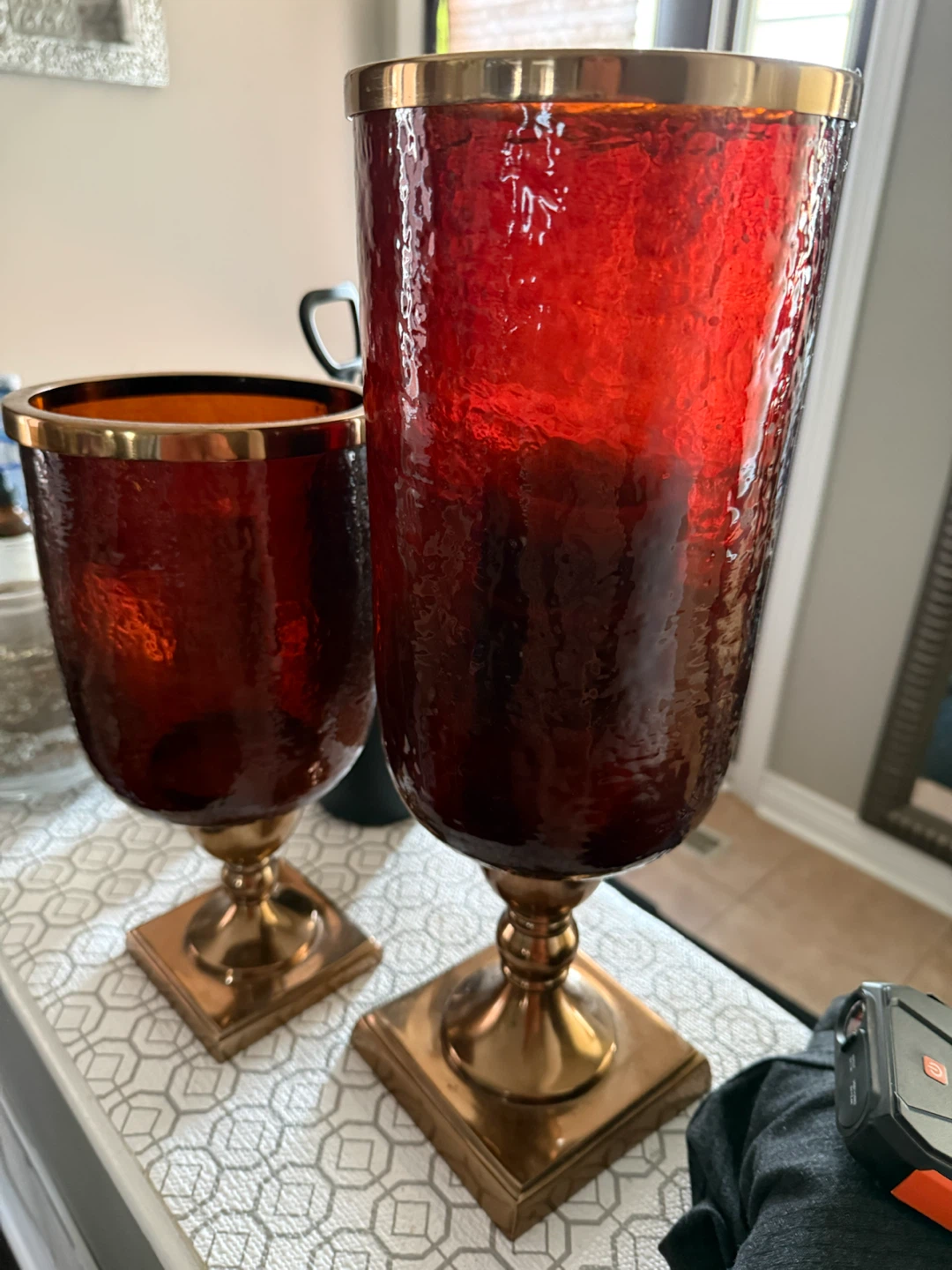 Set of 2 Amber Glass Hurricane Candle Holders
