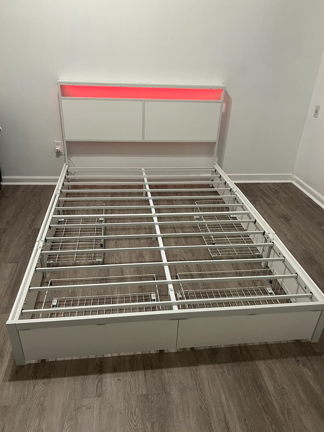 White Metal Bed Frame with LED Headboard and Storage Drawers