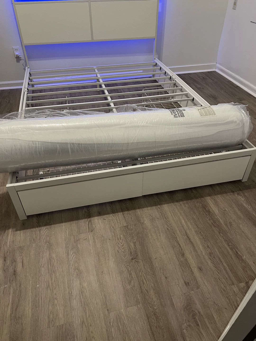 White Metal Bed Frame with LED Headboard and Storage Drawers - photo 4