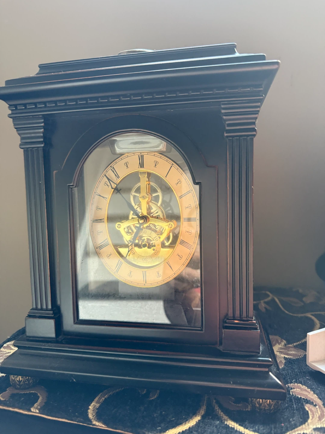Black Mantel Clock with Gold Skeleton Movement
