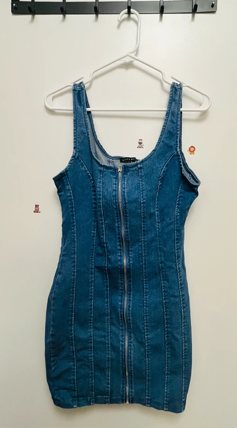 Denim Zip Front Dress with White Ruffle Top