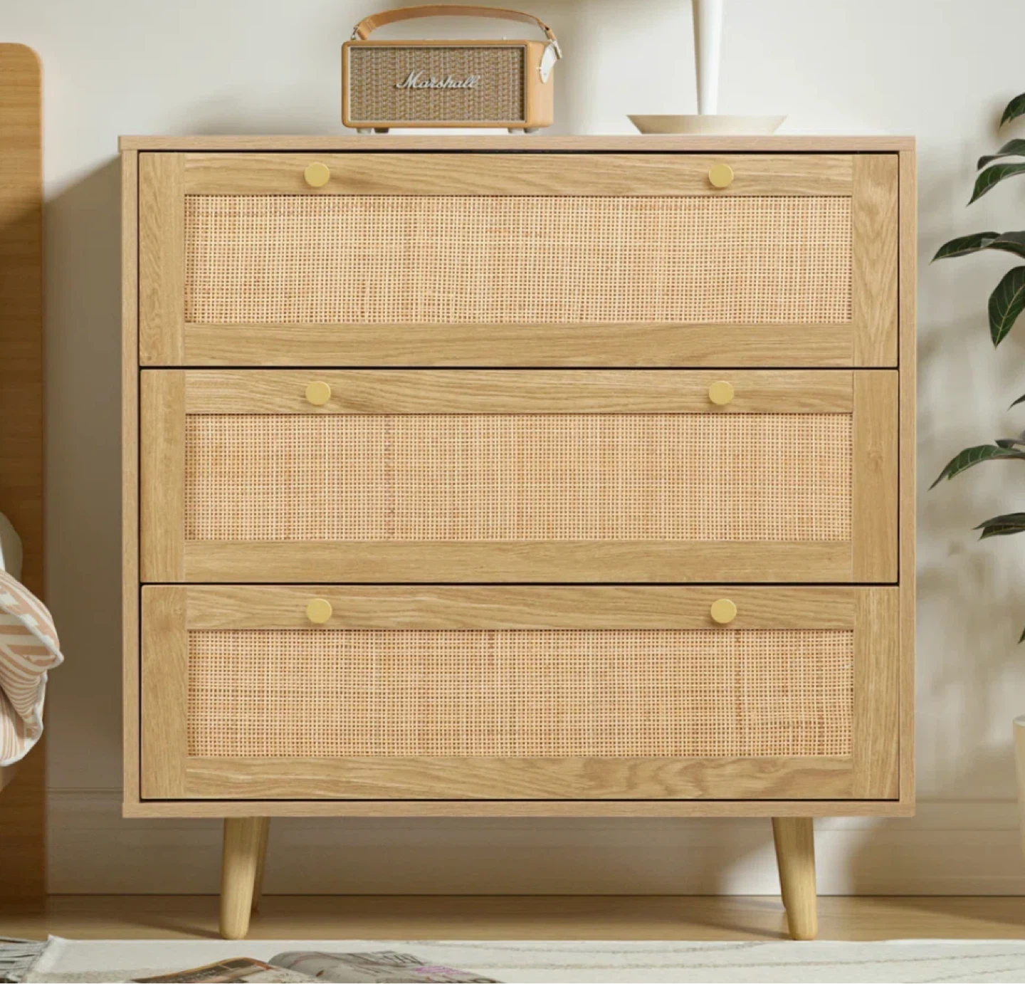 3-Drawer Wood Dresser with Cane Fronts