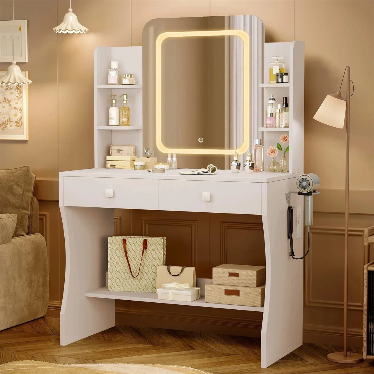 Vanity Table with Lighted Mirror and Storage