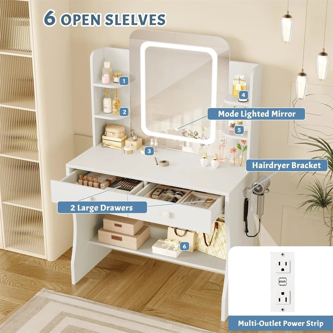 Vanity Table with Lighted Mirror and Storage - photo 2