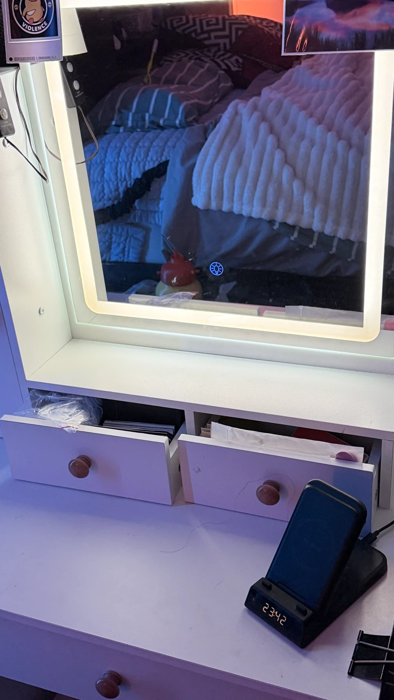 White Vanity Table with Light-Up Mirror and Stool - photo 2
