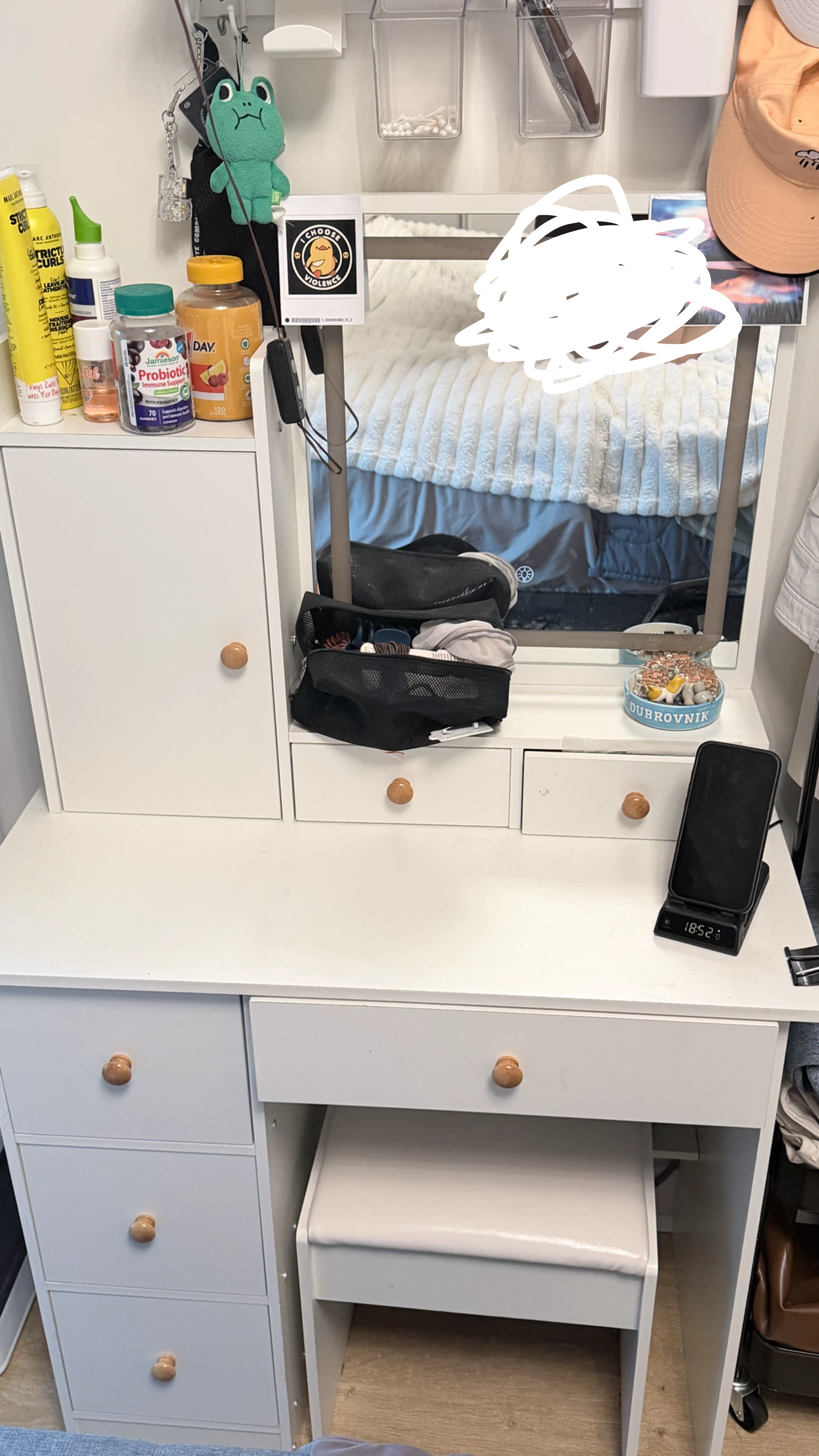 White Vanity Table with Light-Up Mirror and Stool