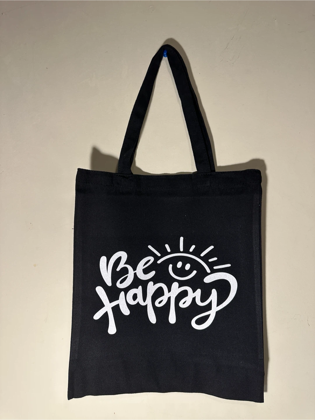 Black "Be Happy" Tote Bag