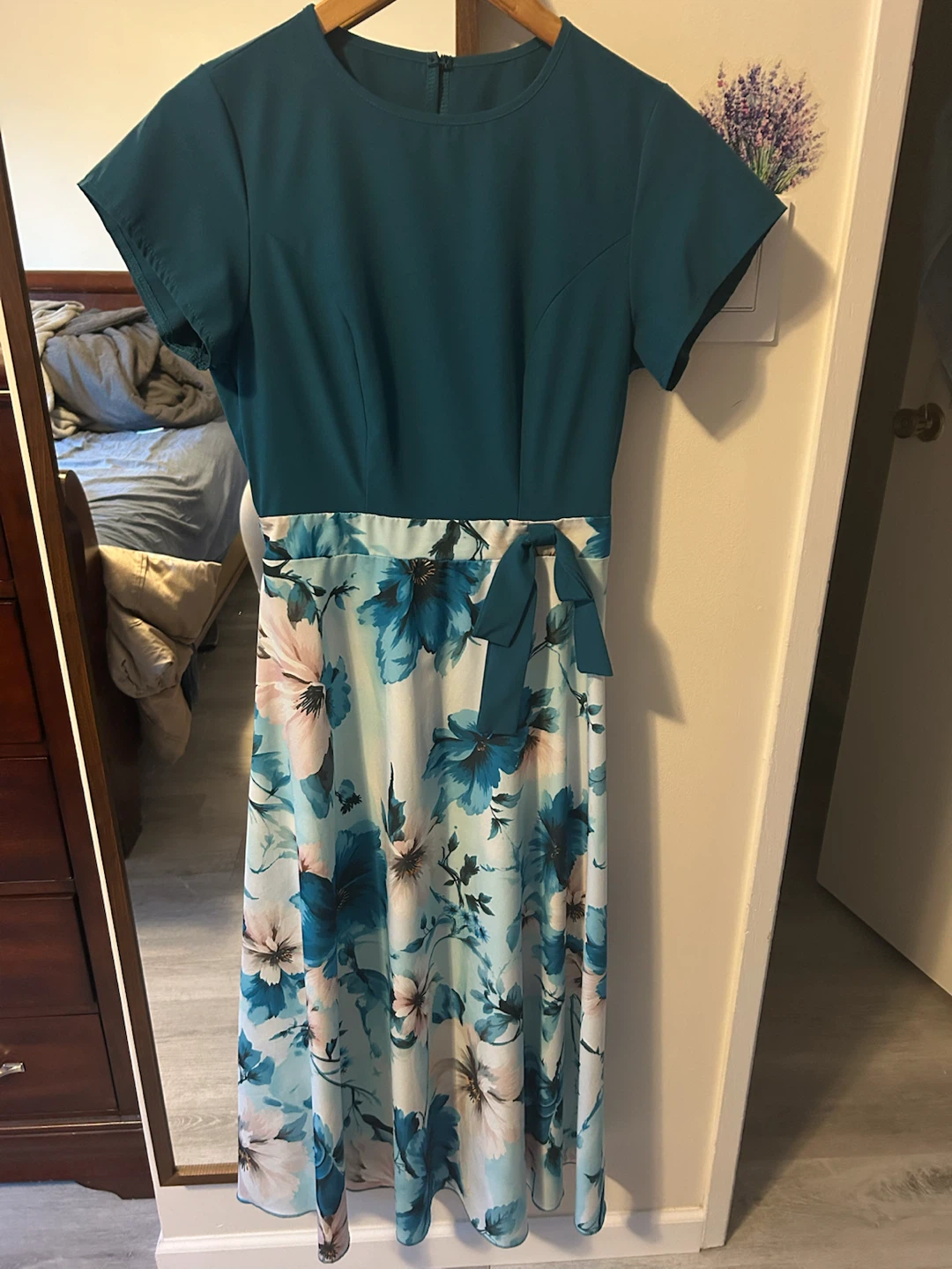 Teal floral print midi dress with detachable bow