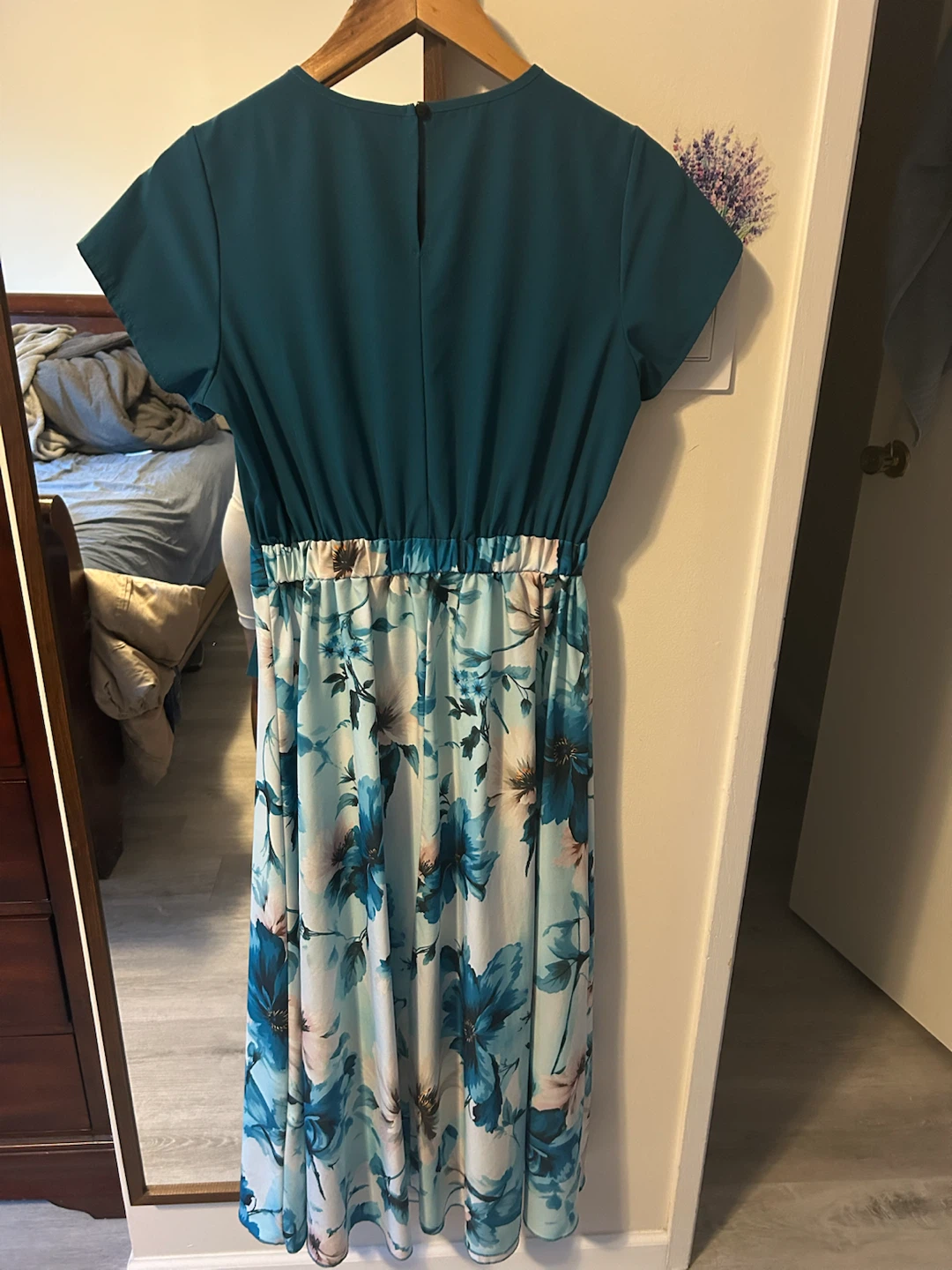 Teal floral print midi dress with detachable bow - photo 2