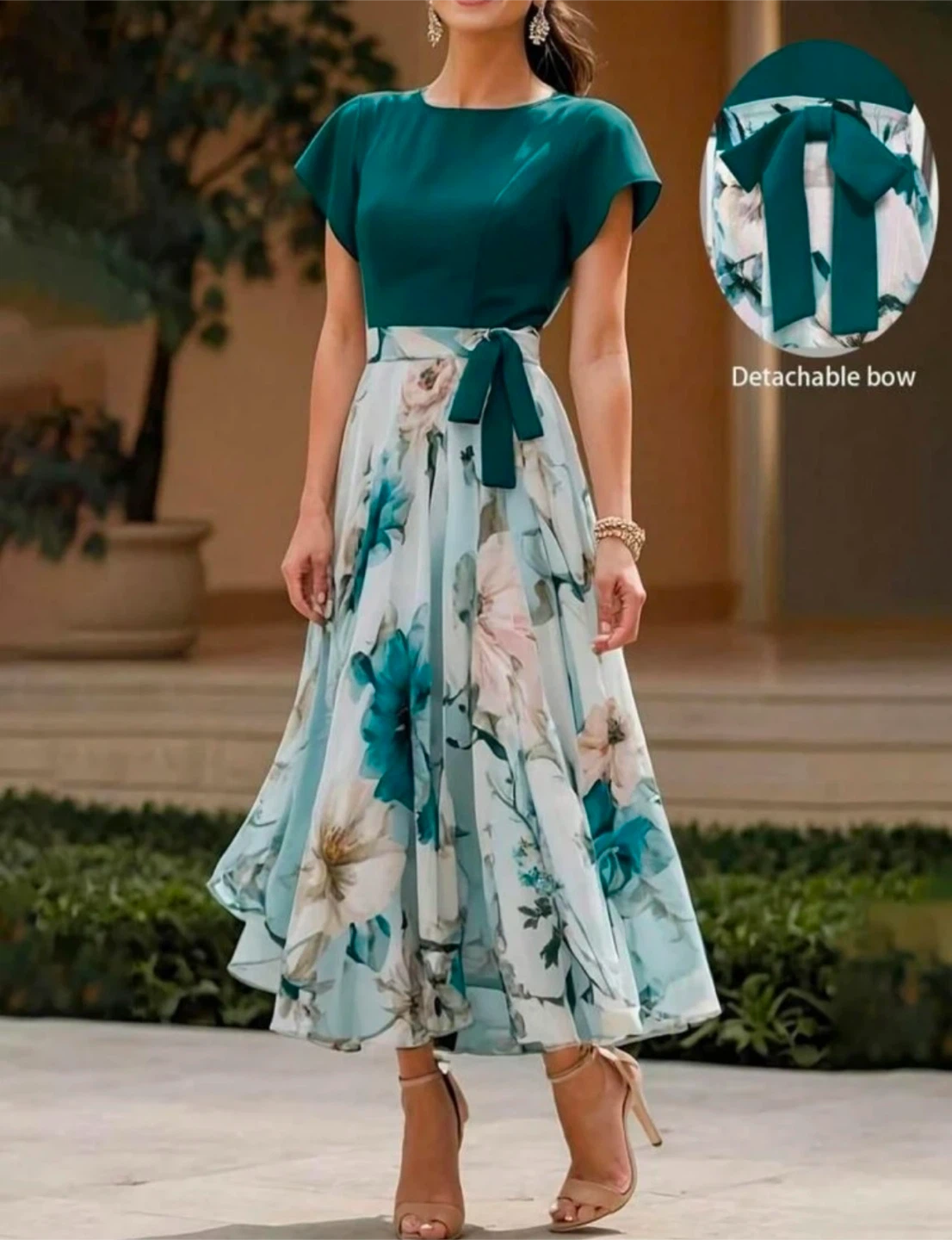 Teal floral print midi dress with detachable bow - photo 3