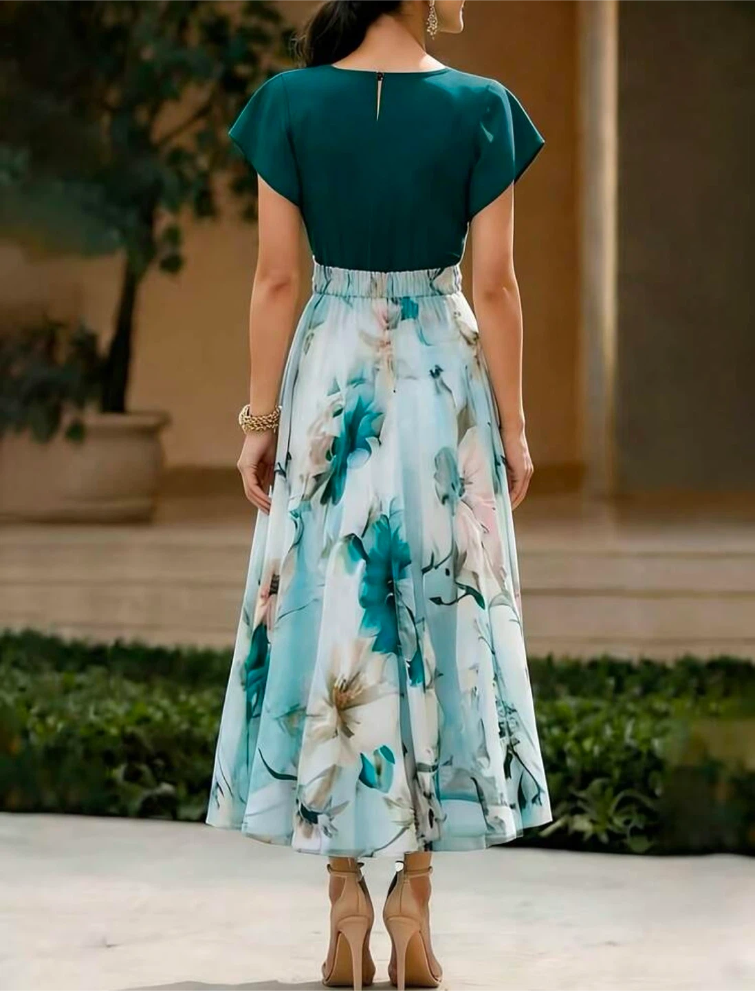 Teal floral print midi dress with detachable bow - photo 4