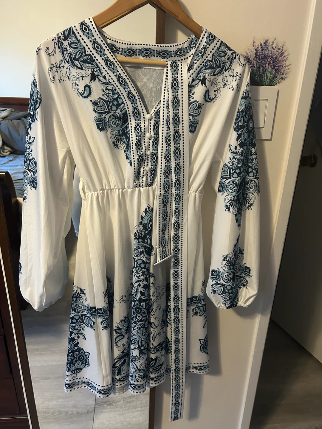 White Dress with Blue Paisley Print