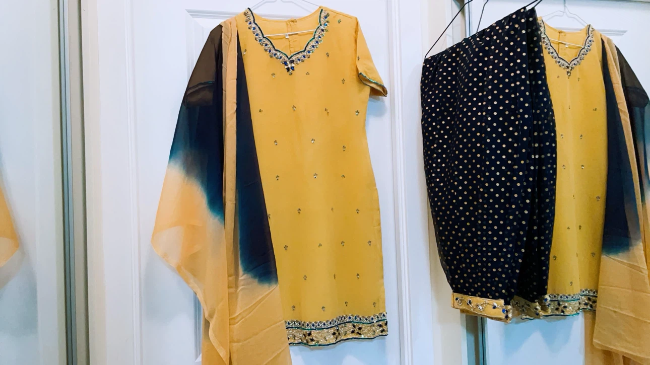 Yellow  Kameez with Navy Blue Dupatta Set