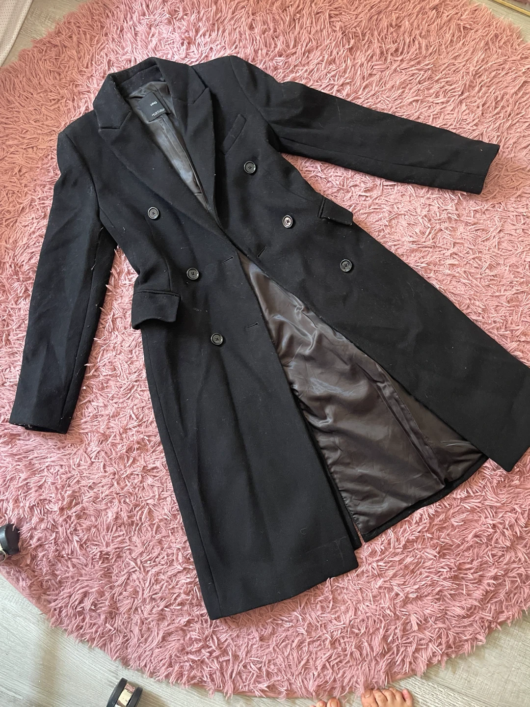 MNG Black Double-Breasted Wool Blend Coat