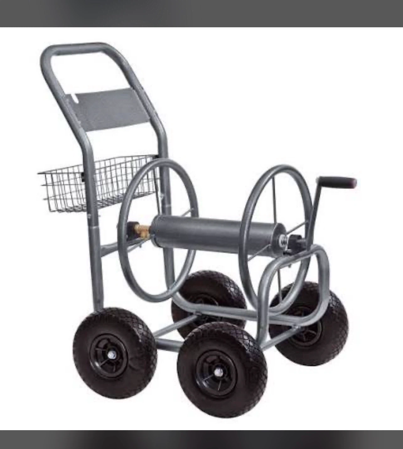 Gray Hose Reel Cart with Basket