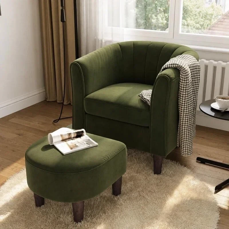 Green Velvet Accent Chair with Ottoman