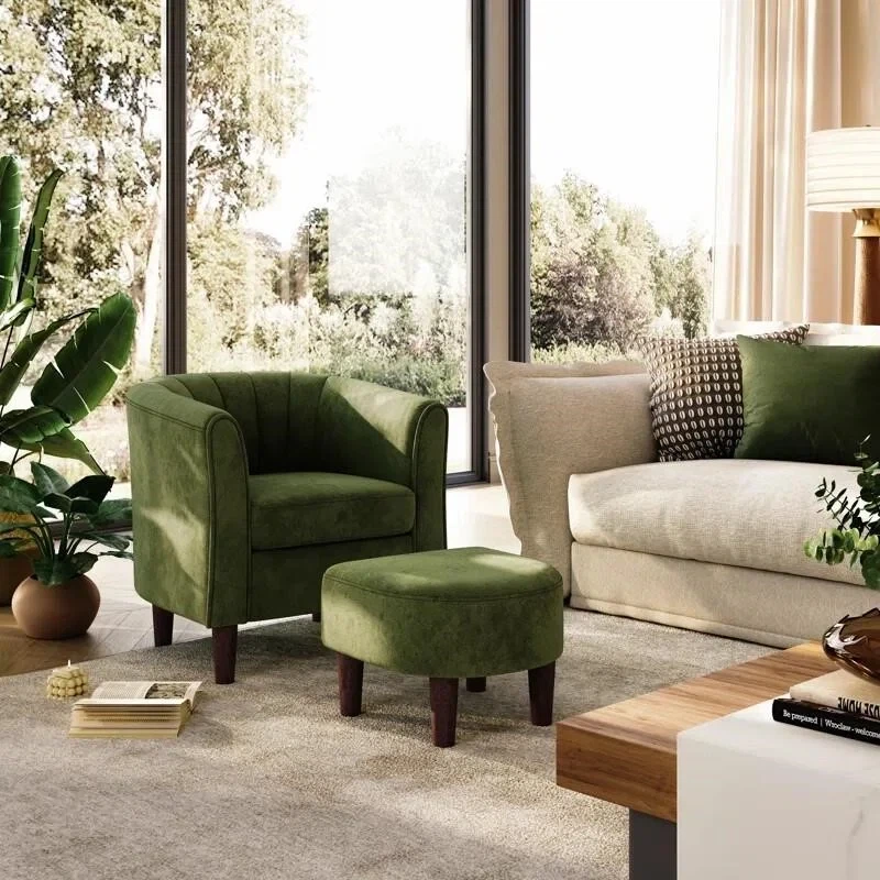 Green Velvet Accent Chair with Ottoman - photo 2