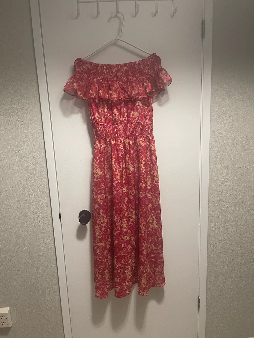 Pink Floral Off-the-Shoulder Midi Dress