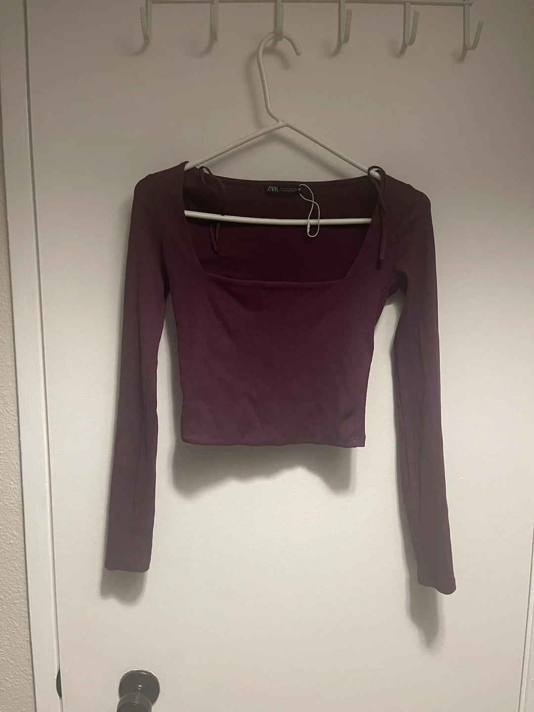 ZARA Burgundy Ribbed Square Neck Long Sleeve Crop Top - Size S