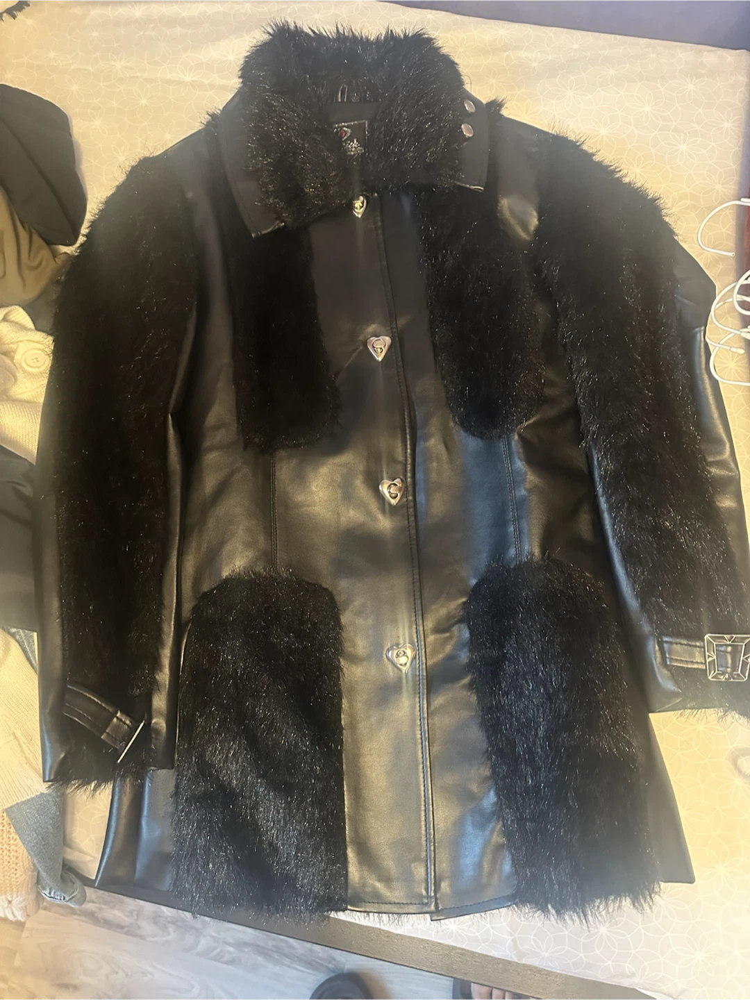 Black Faux Fur Trimmed Faux Leather Jacket