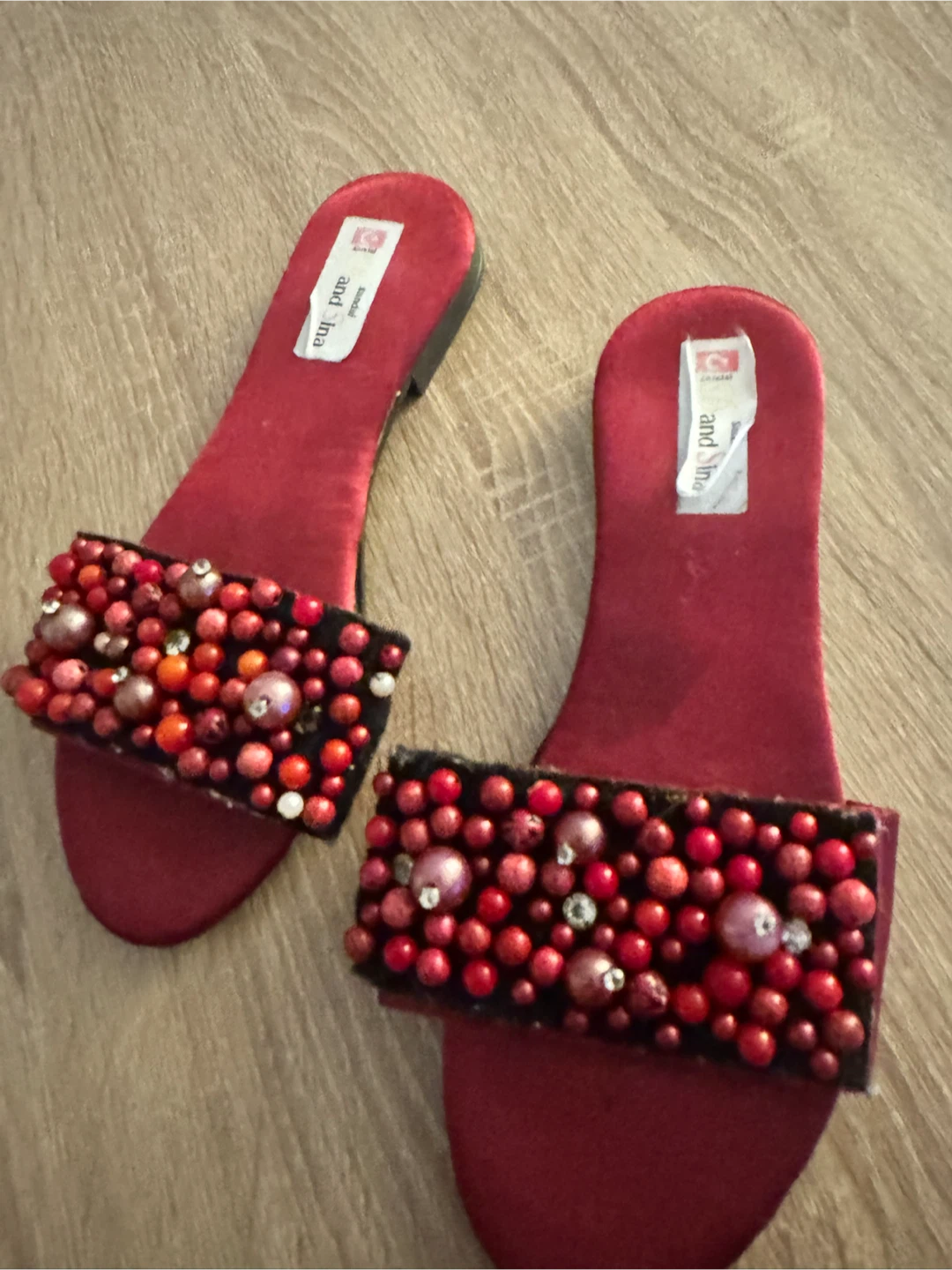 Red beaded slide sandals