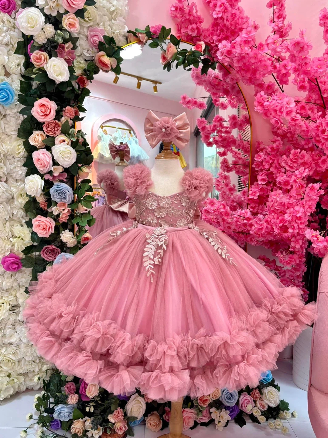 Pink Tulle Party Dress with Bow