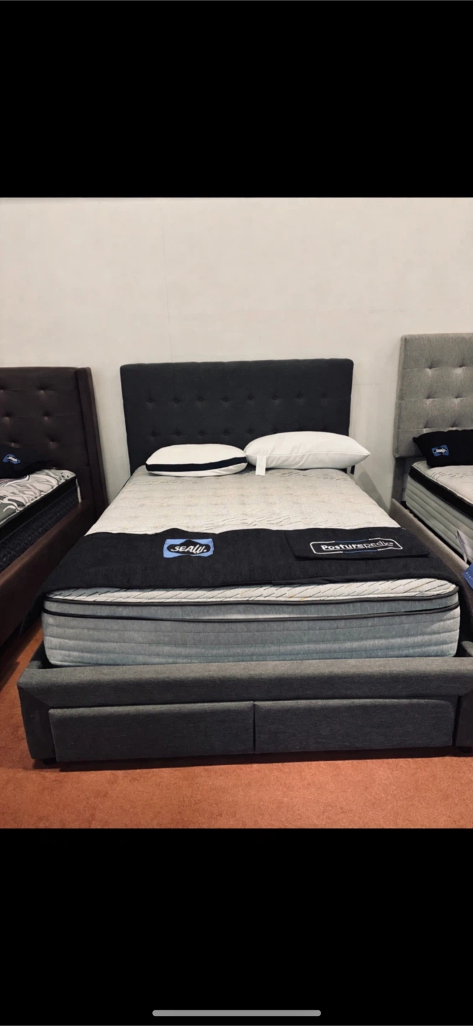 Grey Upholstered Bed Frame with Storage Drawers