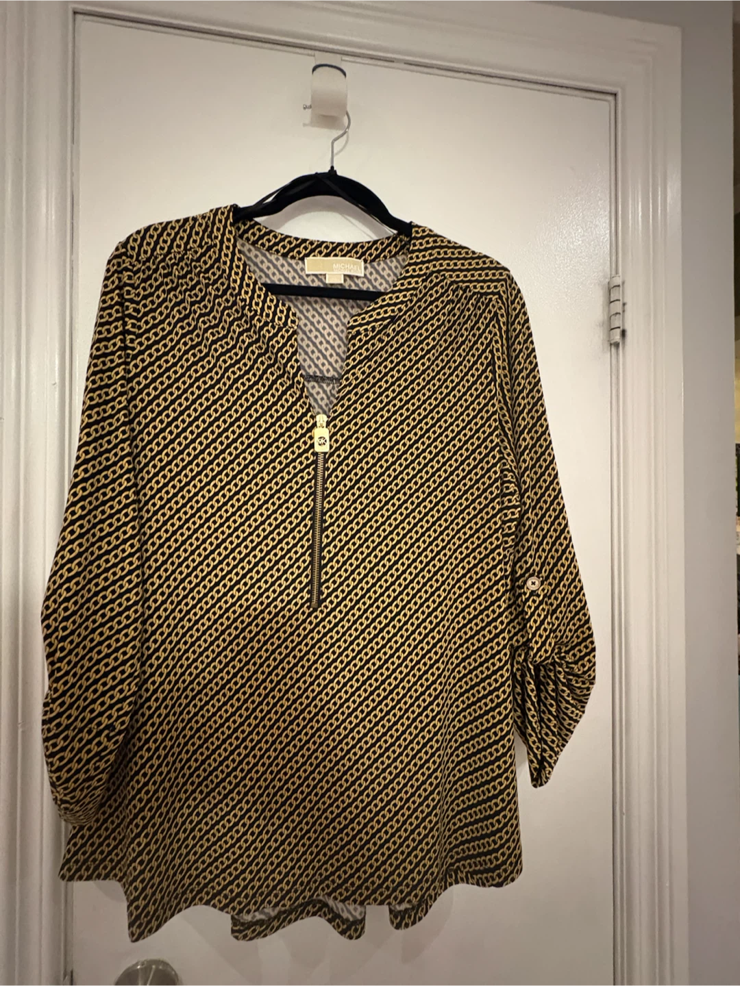 Michael Kors Black & Gold Chain Print Zipper Top 1X