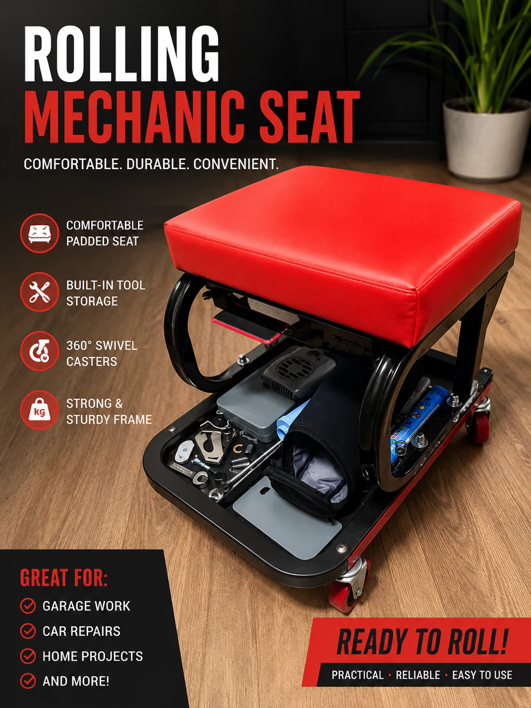 Rolling Mechanic Seat with Built-in Tool Storage