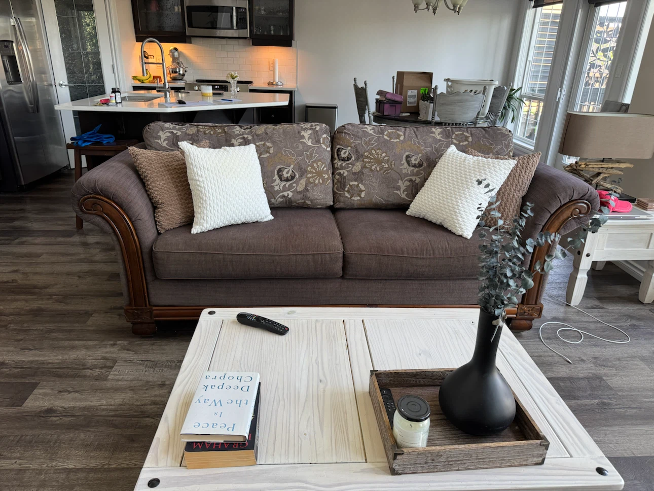 Brown Fabric Armchair with Decorative Pillow