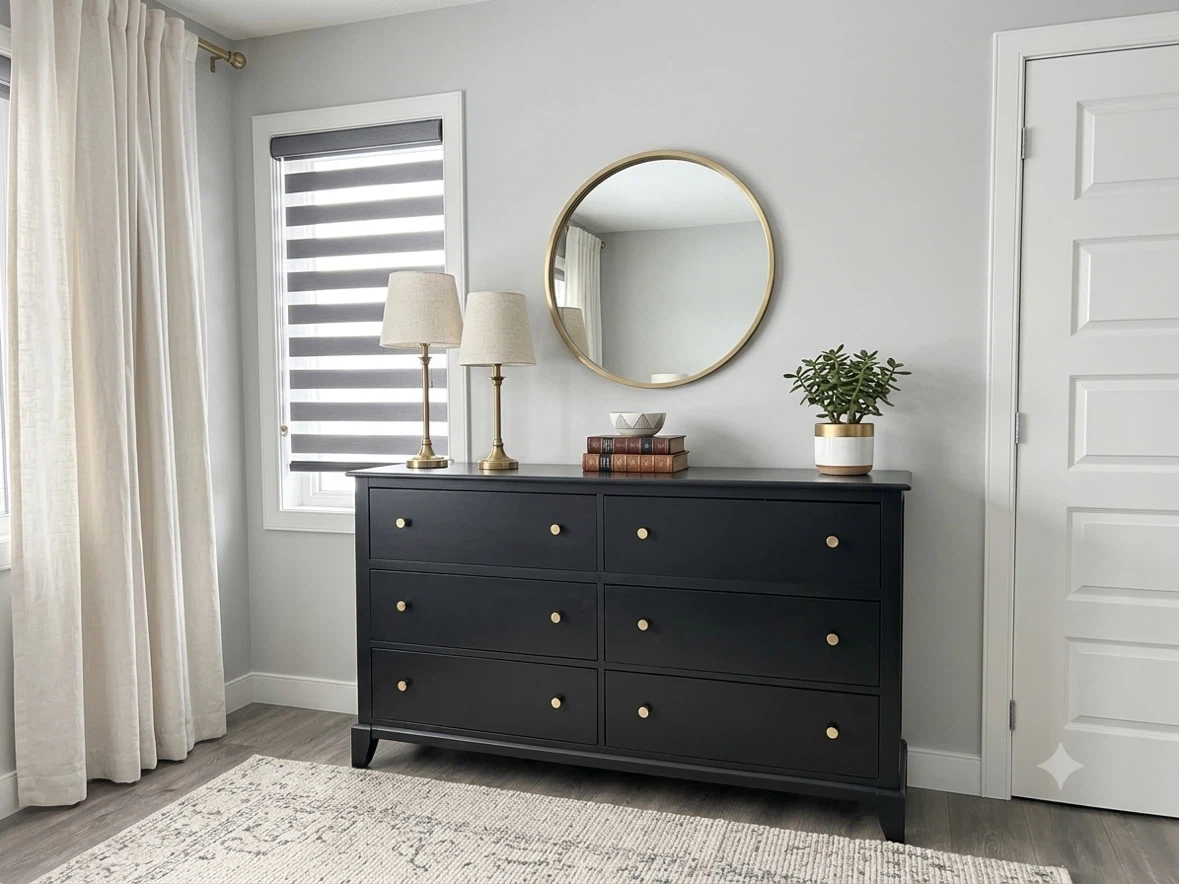 Black 6-Drawer Dresser with Gold Knobs