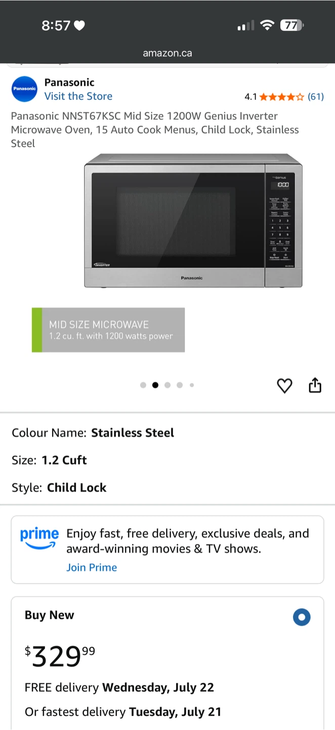 Panasonic NNST67KSC 1200W Inverter Microwave Oven - photo 4