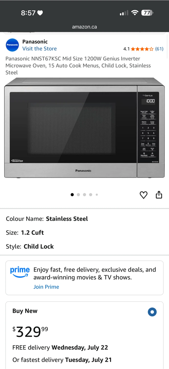 Panasonic NNST67KSC 1200W Inverter Microwave Oven - photo 3