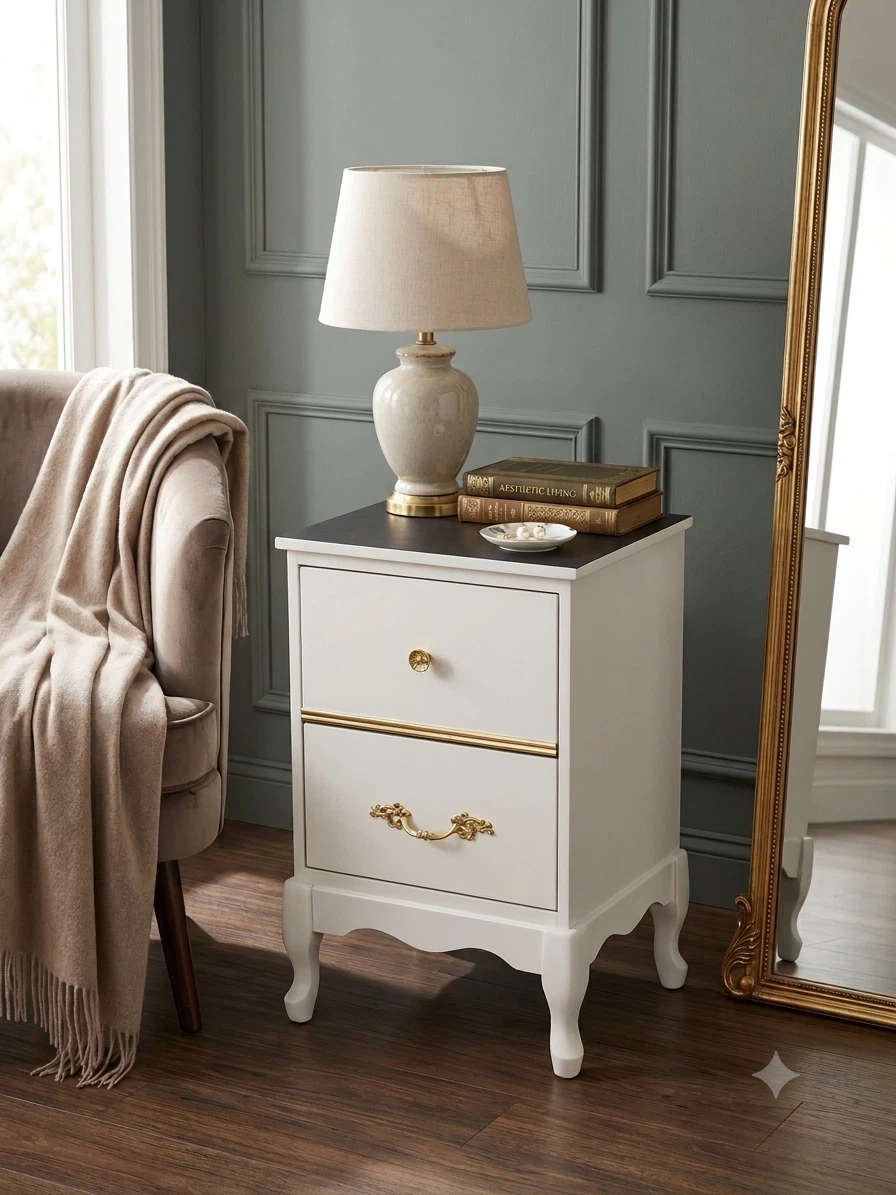 Vintage-Chic 2-Drawer White Nightstand with Gold Hardware