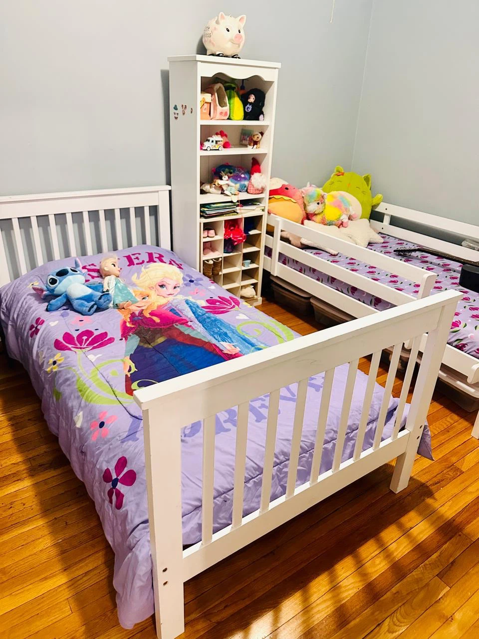 2 White Wooden Twin Bed Frame with Elsa Bedding