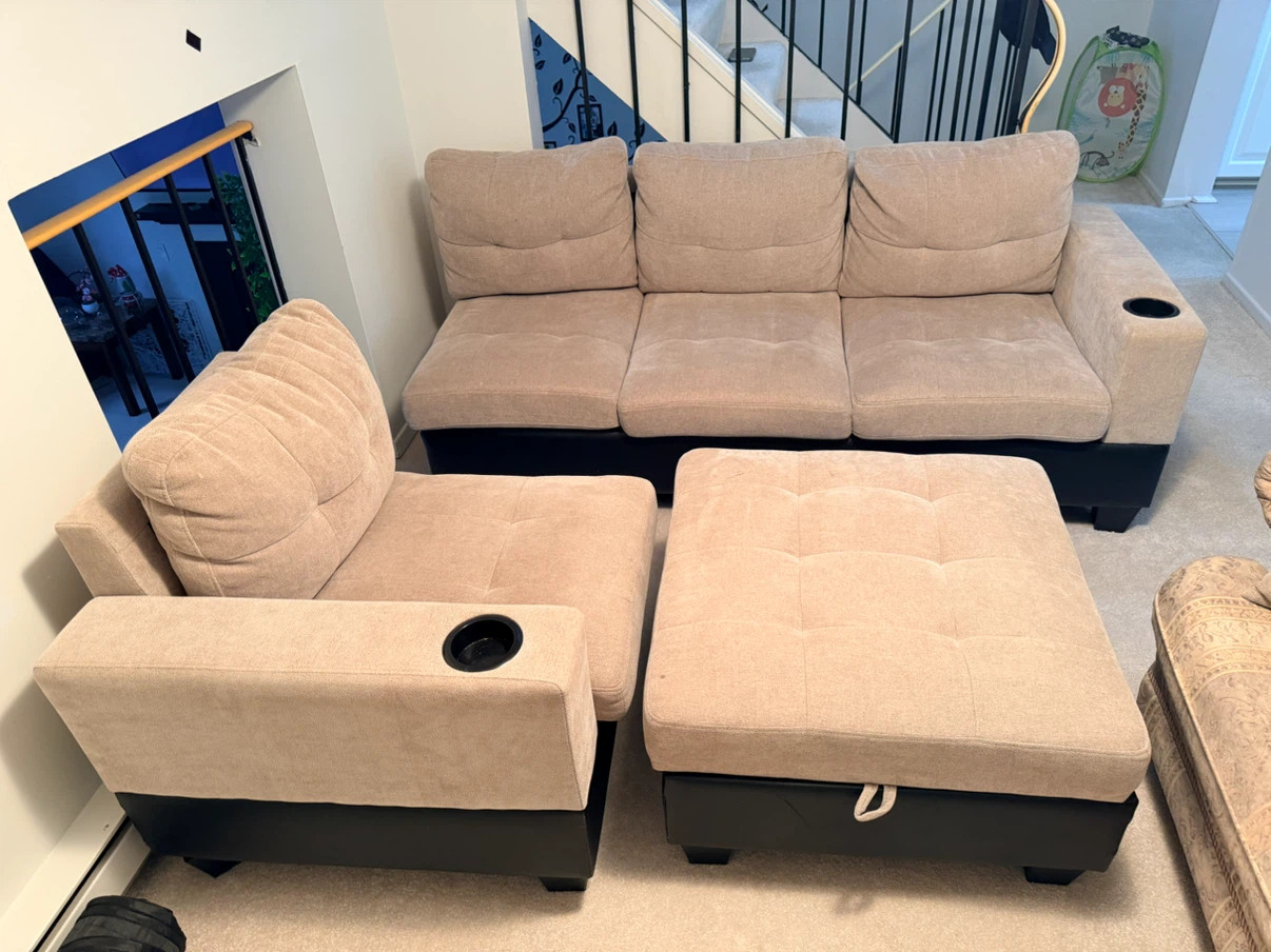 3-Piece Beige Sectional Sofa with Cup Holders