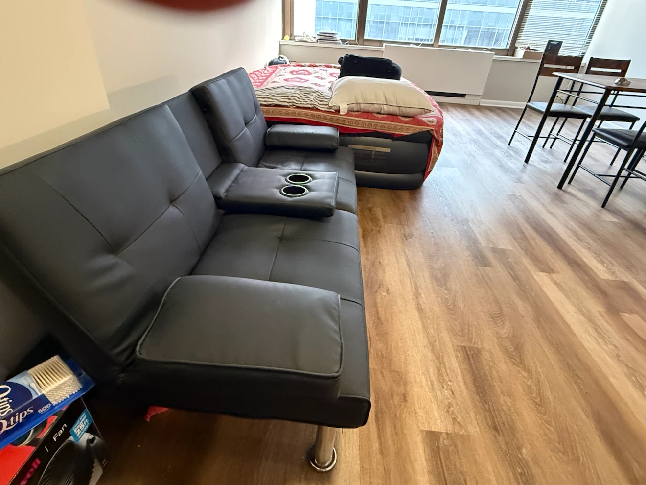 Modern Black Faux Leather Futon Sofa Bed with Cup Holder