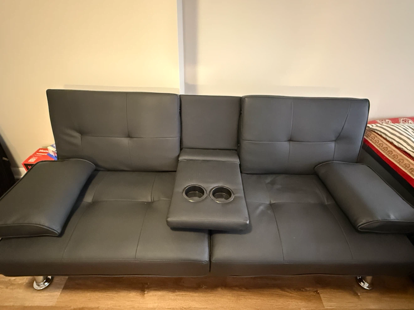 Modern Black Faux Leather Futon Sofa Bed with Cup Holder - photo 2