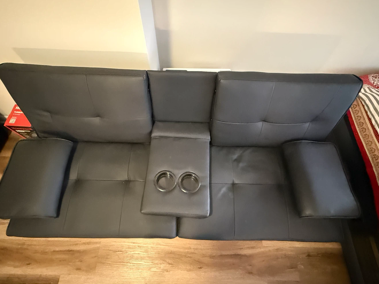 Modern Black Faux Leather Futon Sofa Bed with Cup Holder - photo 3