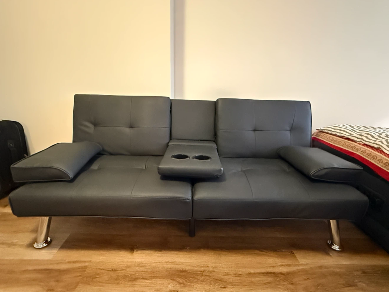 Modern Black Faux Leather Futon Sofa Bed with Cup Holder - photo 4